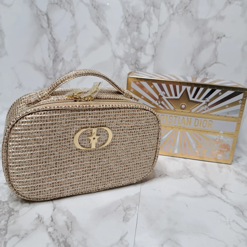 Dior 2025 Holiday Edition Gold Metallic Woven Top Handle Cosmetic Pouch